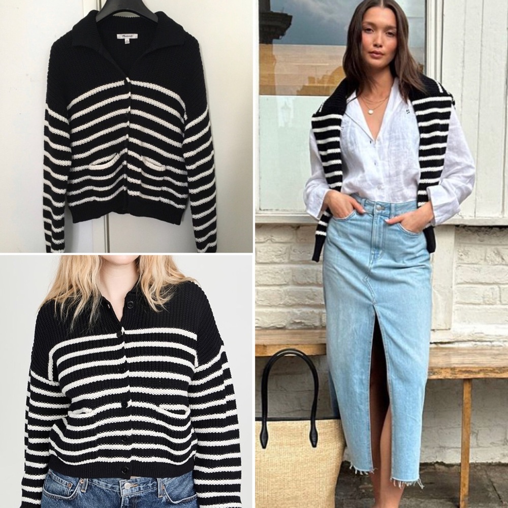 Madewell Ribbed Polo Cardigan Sweater black stripe Cotton NO966
